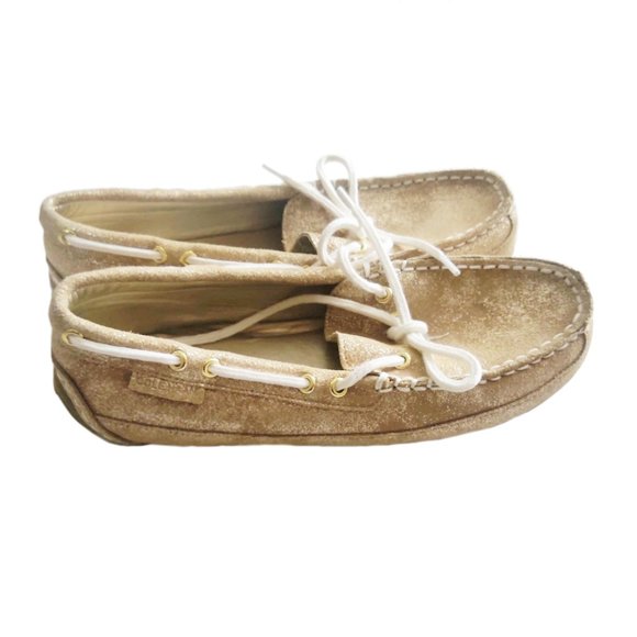 Cole Haan Loafers Bow Gold Suede Leather Slip Ons - Picture 3 of 6